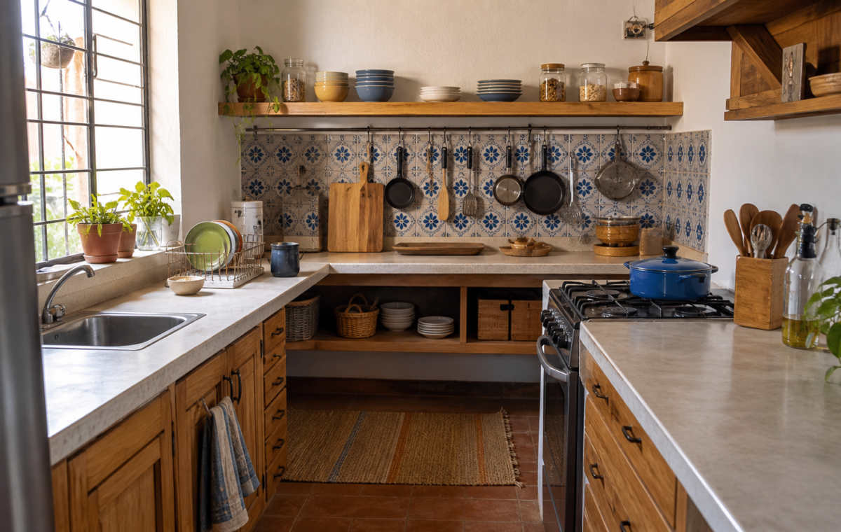 Cocina mexicana compacta organizada por estaciones de preparación, cocción y almacenamiento con superficies despejadas