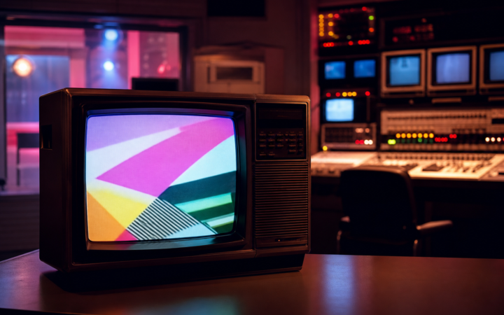 Televisor retro con estética musical de los años ochenta