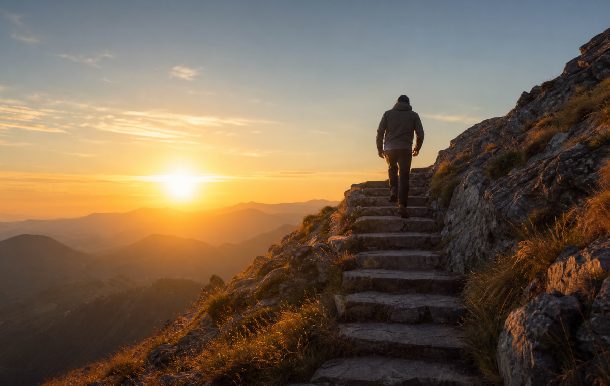 Persona avanzando por escalones iluminados al amanecer