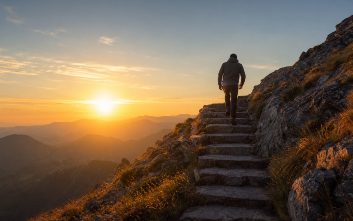 Persona avanzando por escalones iluminados al amanecer