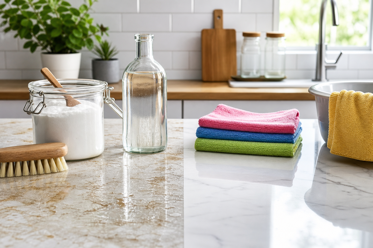 Productos sencillos de limpieza doméstica junto a paños de microfibra