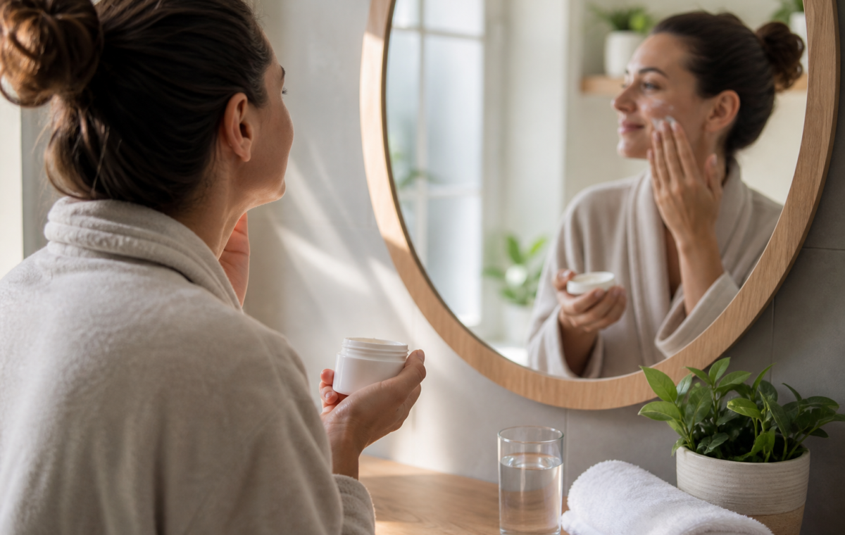 Rutina minimalista de cuidado personal con crema y protector solar