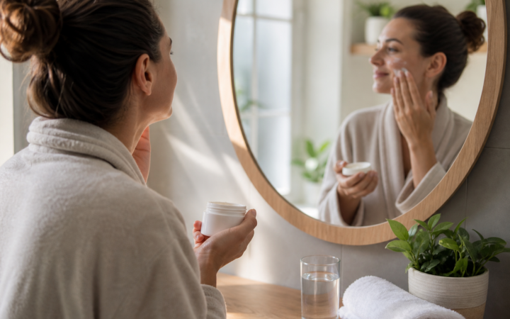 Rutina minimalista de cuidado personal con crema y protector solar