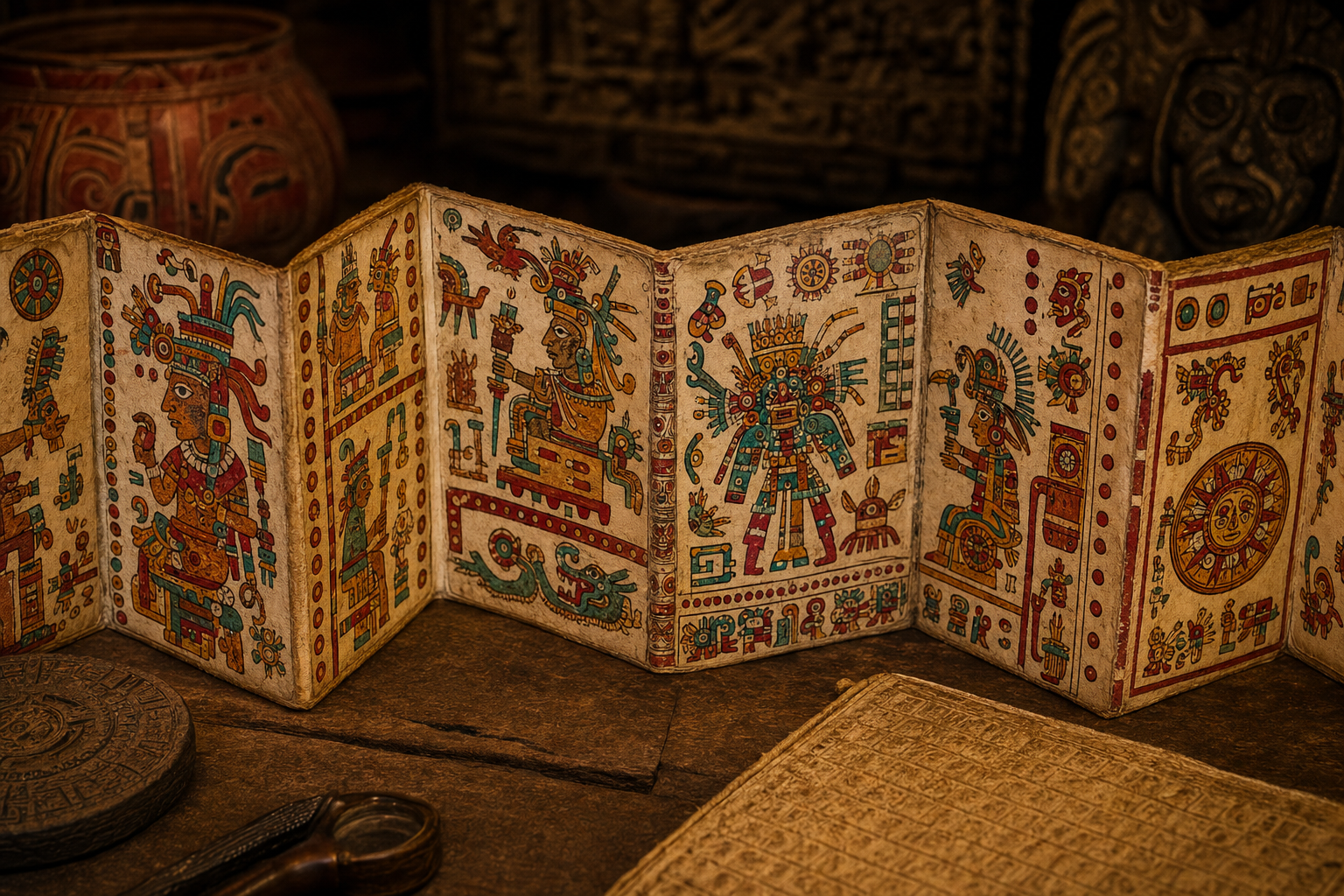 Interpretación artística de un códice mesoamericano desplegado