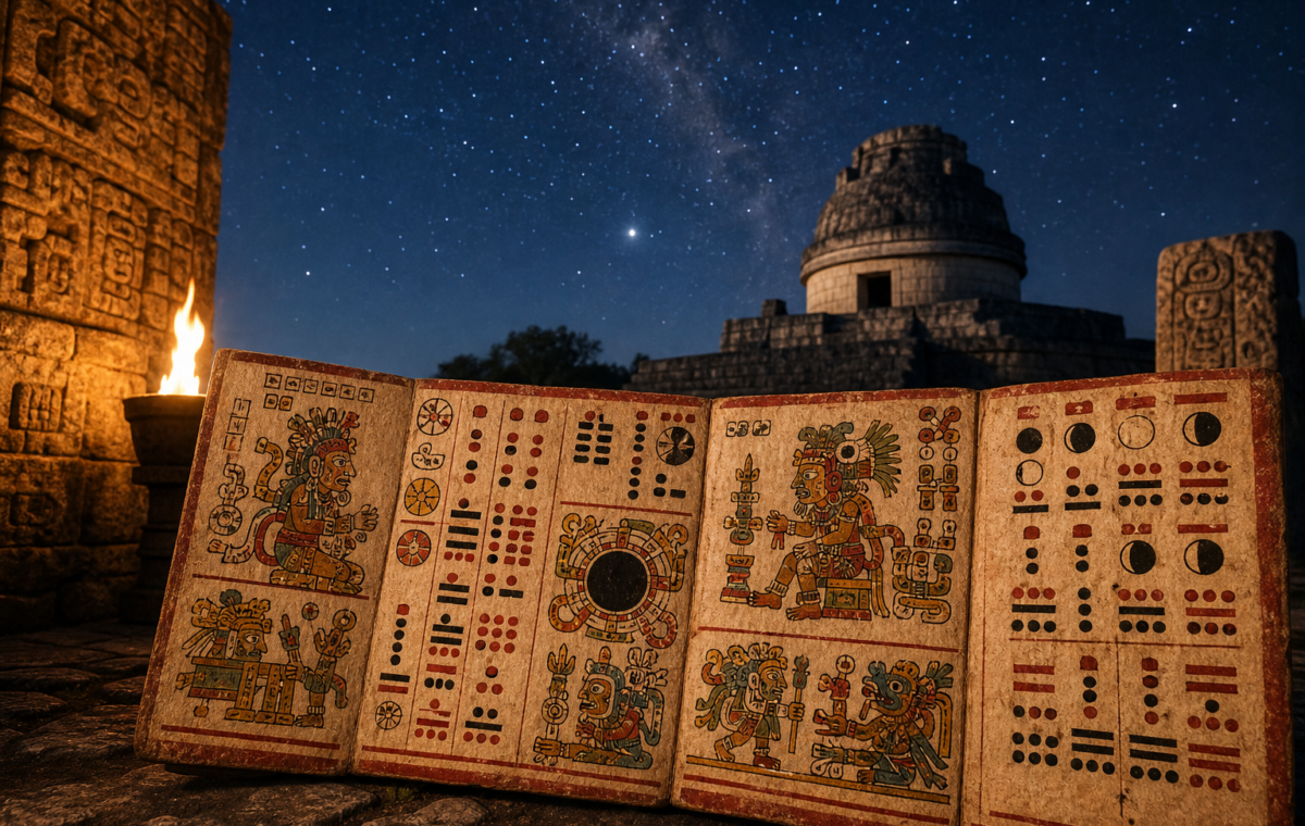 Interpretación artística de un códice maya con signos astronómicos