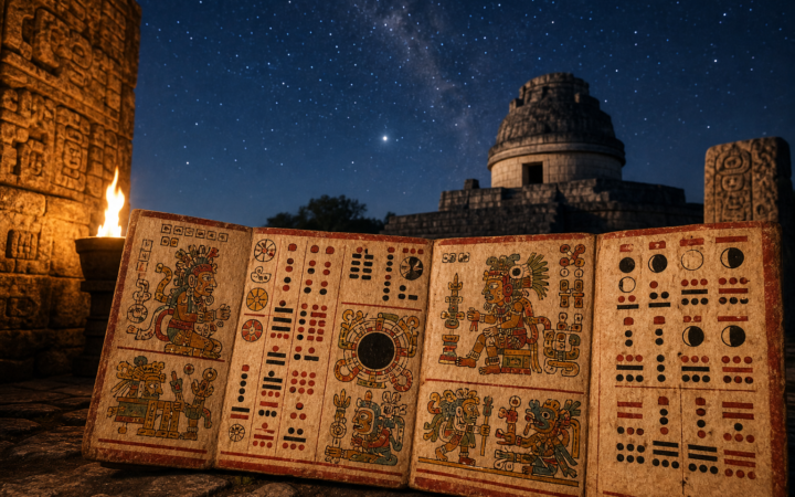 Interpretación artística de un códice maya con signos astronómicos