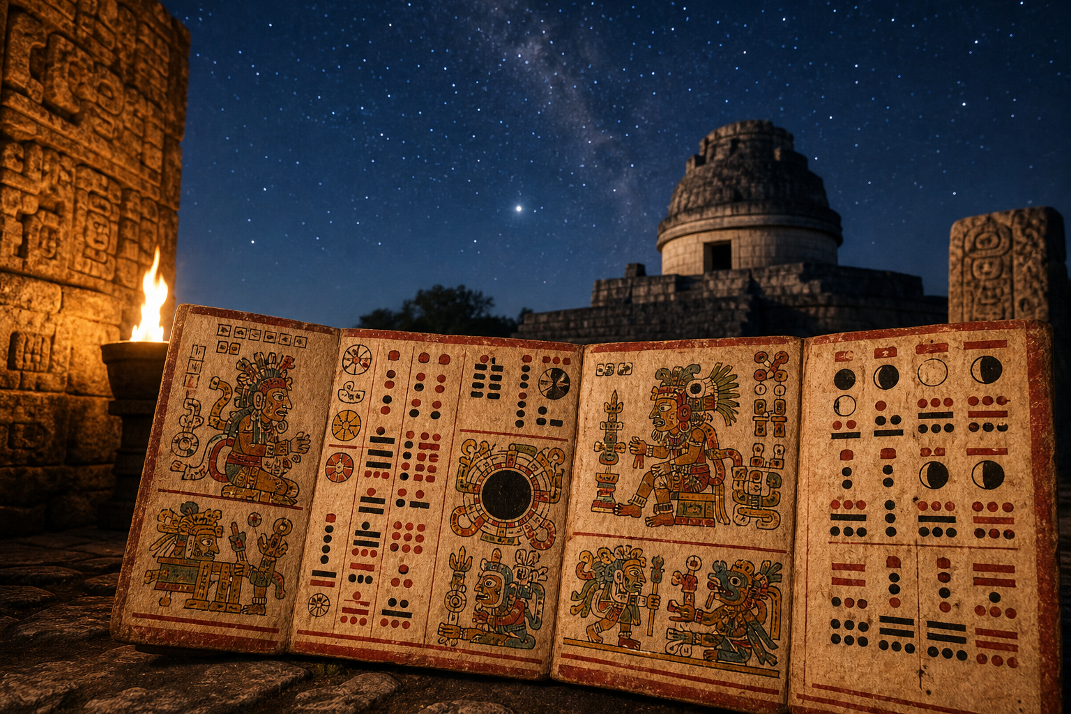 Interpretación artística de un códice maya con signos astronómicos