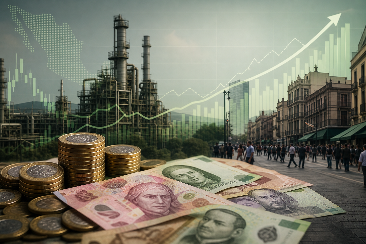 Composición editorial sobre economía mexicana, industria y comercio