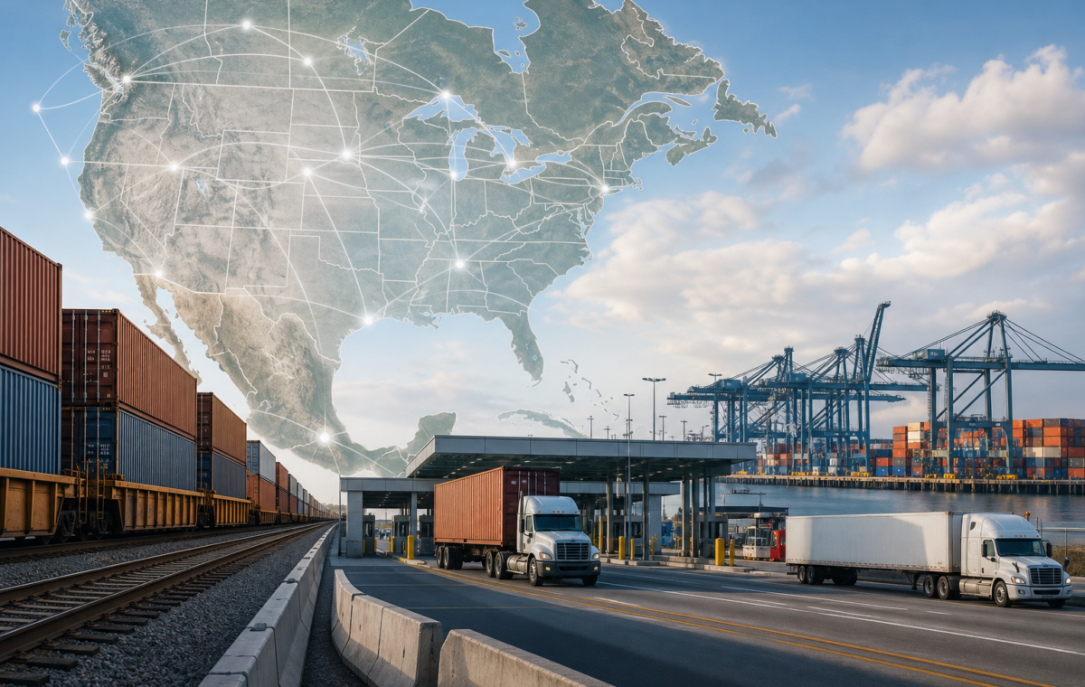 Trenes de carga y contenedores simbolizando el comercio del T-MEC