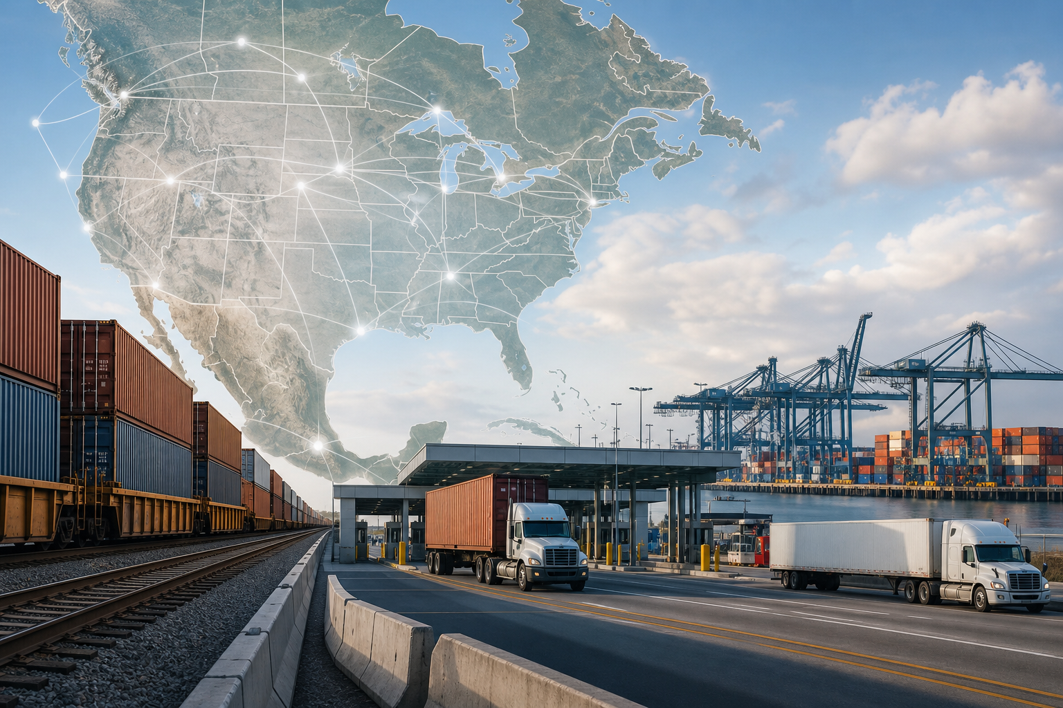 Trenes de carga y contenedores simbolizando el comercio del T-MEC