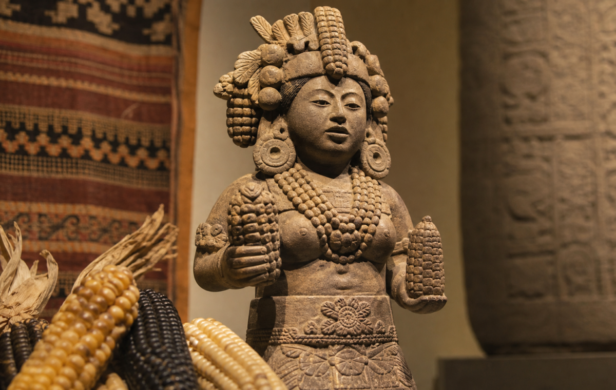 Representación editorial de Chicomecóatl, deidad mexica vinculada al maíz y al sustento