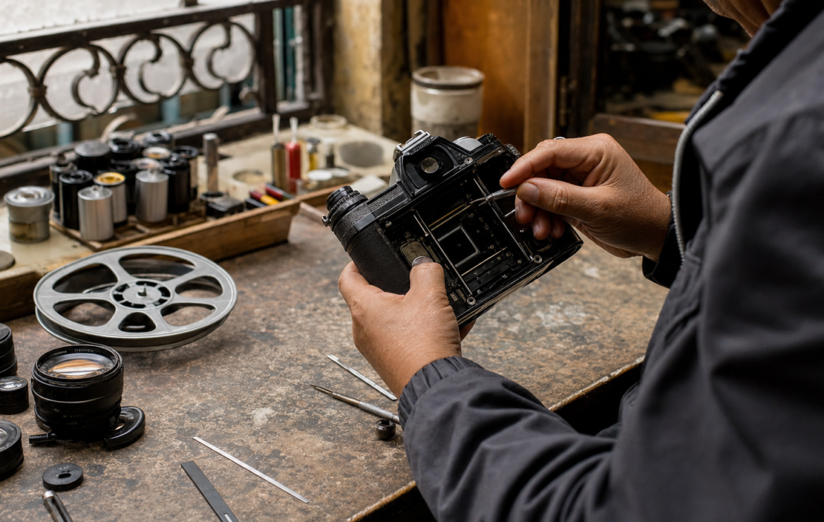 Técnico repara una cámara analógica mecánica en un taller de Donceles, Centro Histórico de la Ciudad de México.
