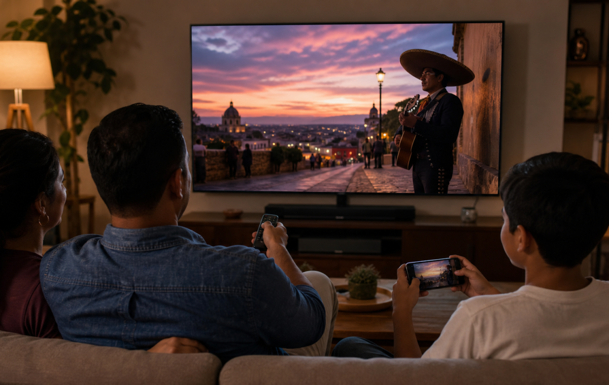 Familia mira un video musical en una televisión conectada mientras usa teléfonos como segunda pantalla