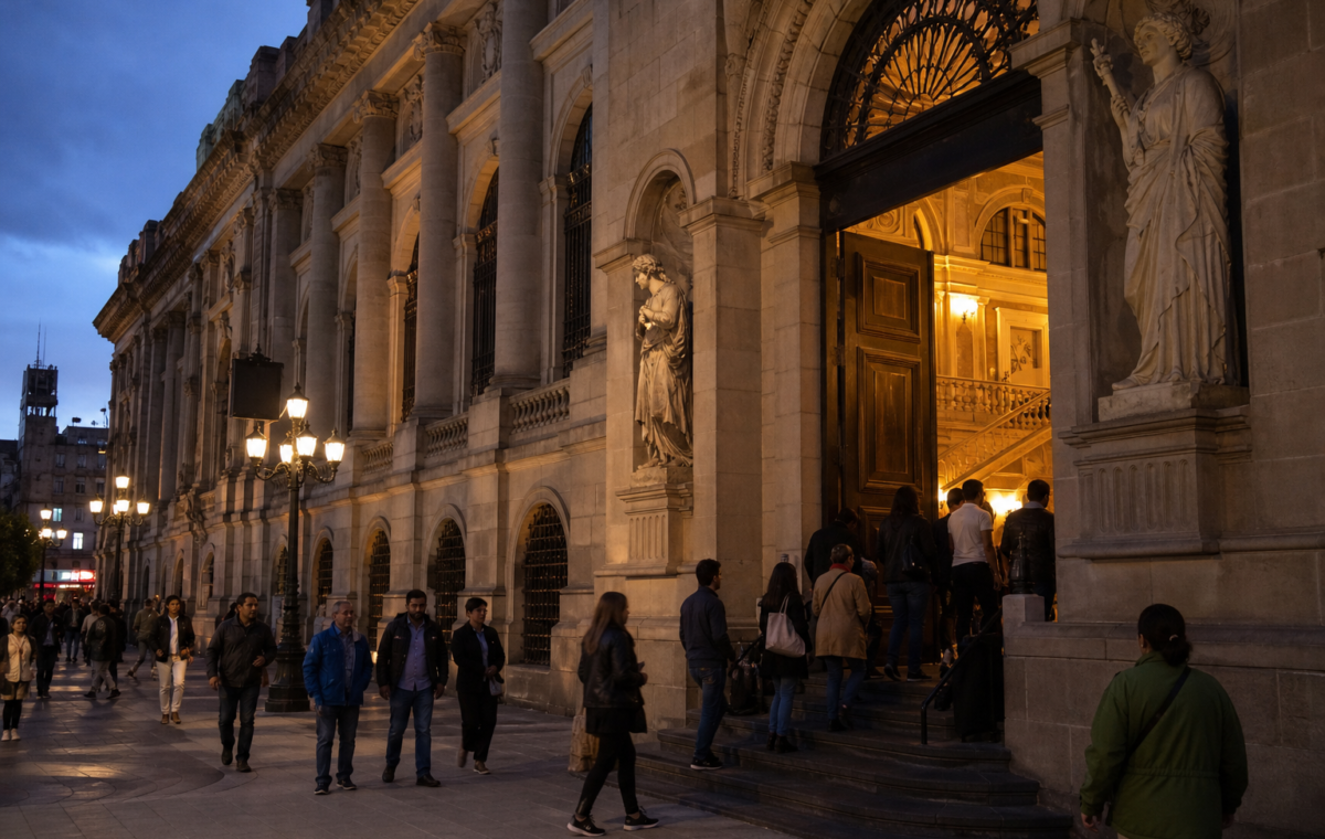 Visitantes entrando a un museo de la Ciudad de México durante una noche cultural