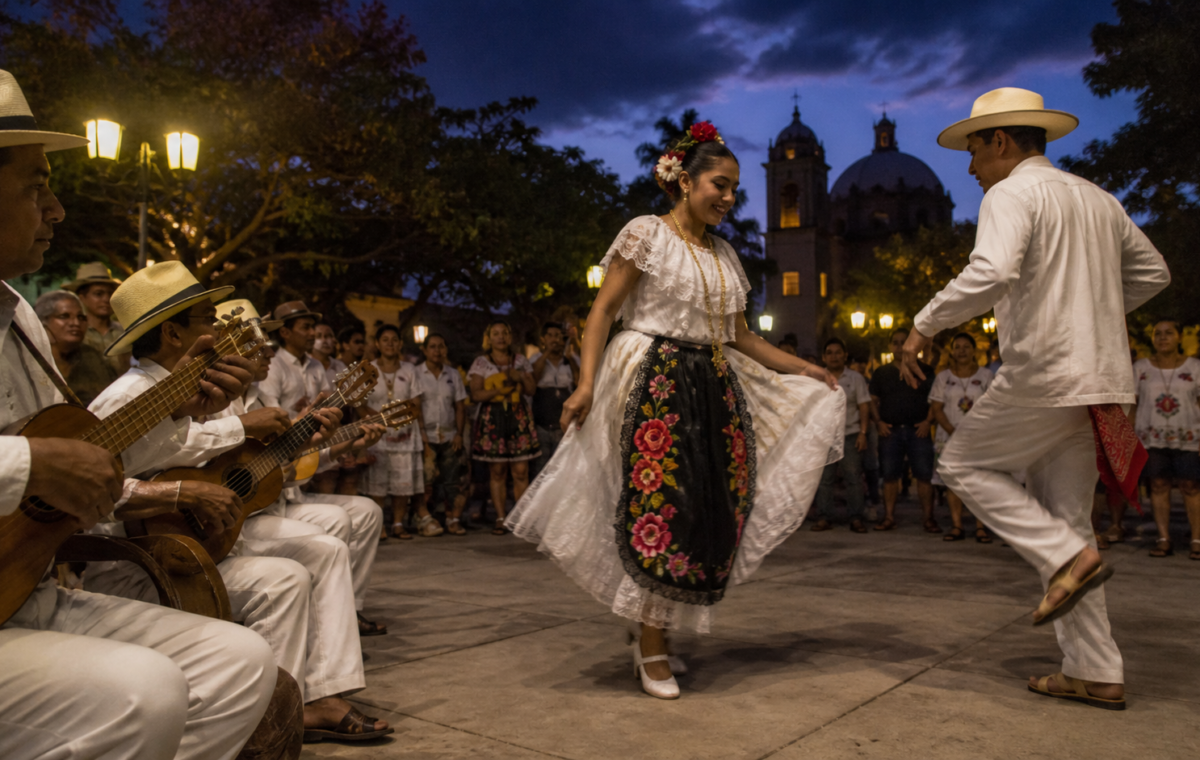 Músicos y bailadores participan en un fandango jarocho en una plaza comunitaria veracruzana.