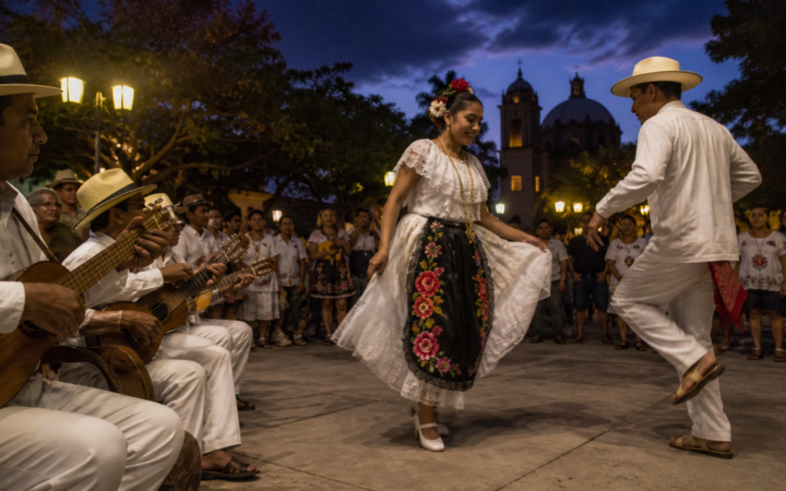Músicos y bailadores participan en un fandango jarocho en una plaza comunitaria veracruzana.
