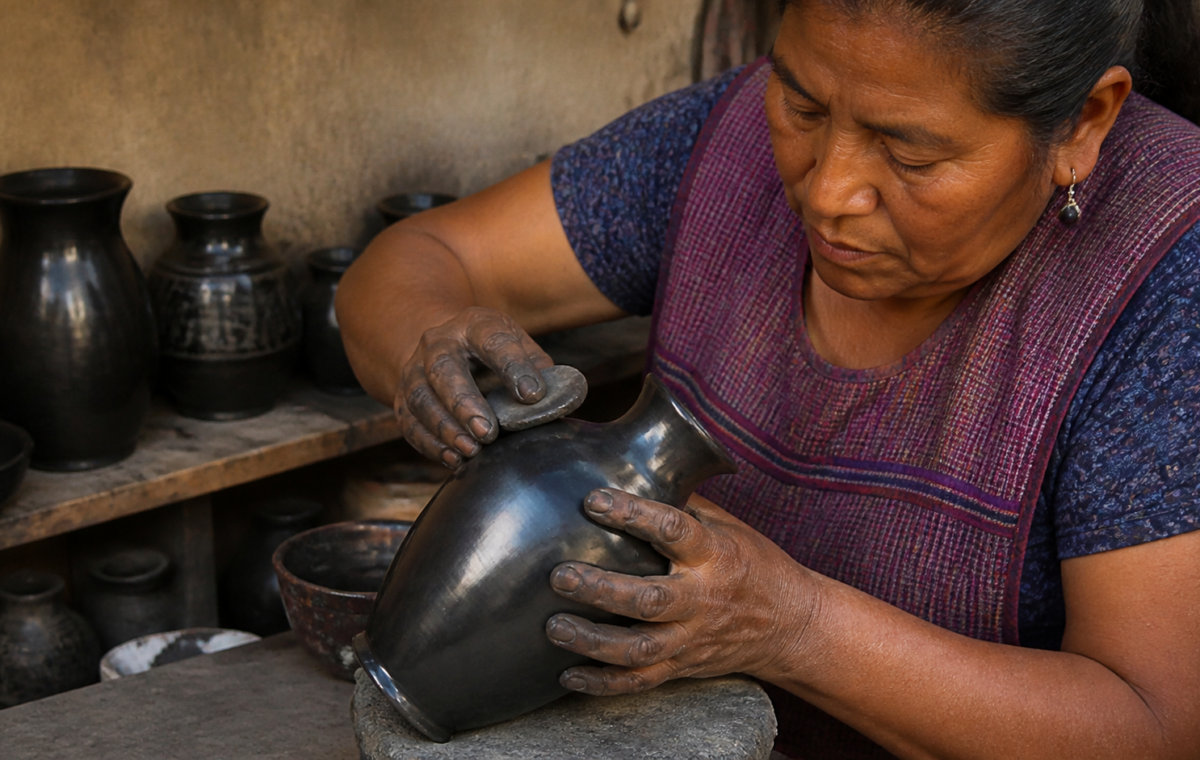 Artesana pule una pieza de barro negro en un taller de San Bartolo Coyotepec, Oaxaca