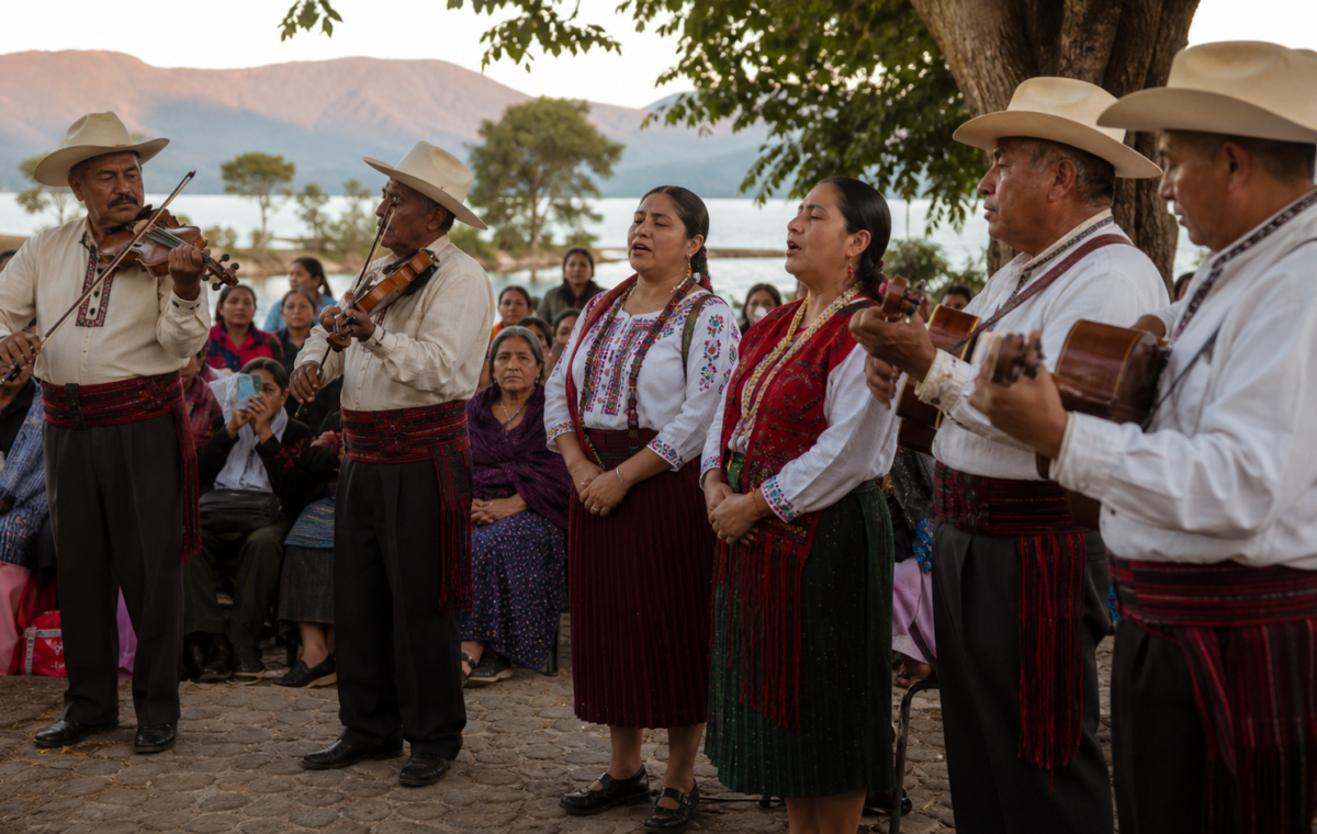 Cantantes y músicos purépechas interpretan pirekua frente a una comunidad reunida junto al lago de Pátzcuaro