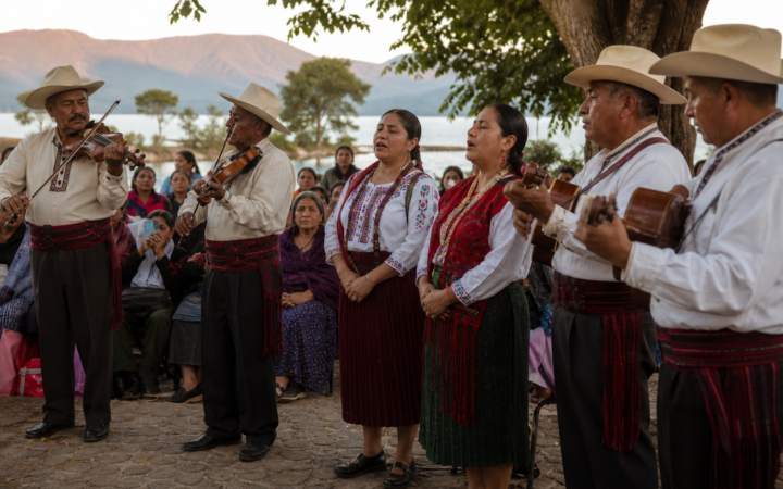 Cantantes y músicos purépechas interpretan pirekua frente a una comunidad reunida junto al lago de Pátzcuaro