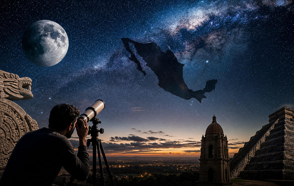 Observador mexicano con telescopio frente a la Luna y un cielo estrellado sobre paisajes culturales de México.
