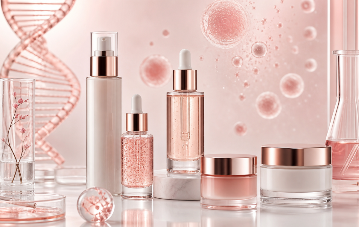 Sérums y cremas con PDRN y exosomas, ilustración editorial de skincare