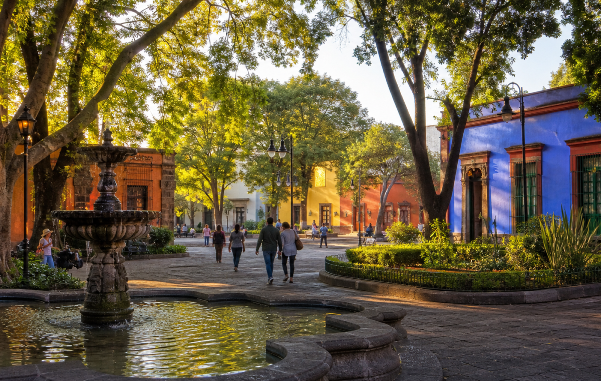 Plaza arbolada de Coyoacán con fuente y arquitectura histórica al amanecer