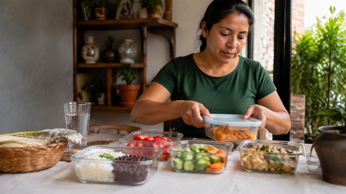 Mesa casera con porciones organizadas y recipientes etiquetados para aprovechar las sobras